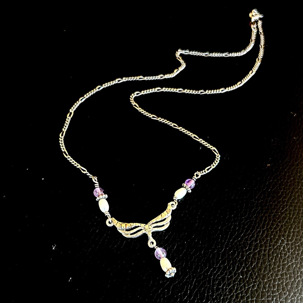 Vintage Silver and Gold Necklace with Pearls and Purple Stones